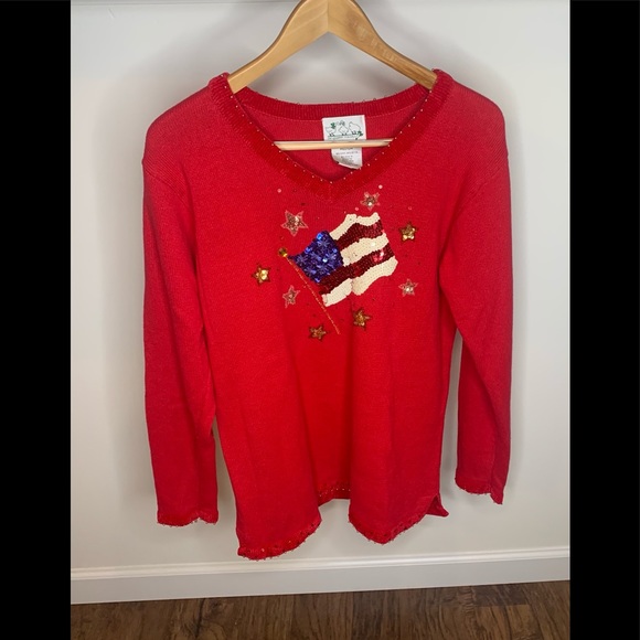 The Quaker Factory Sequin Flag Sweater Size M - Picture 1 of 4